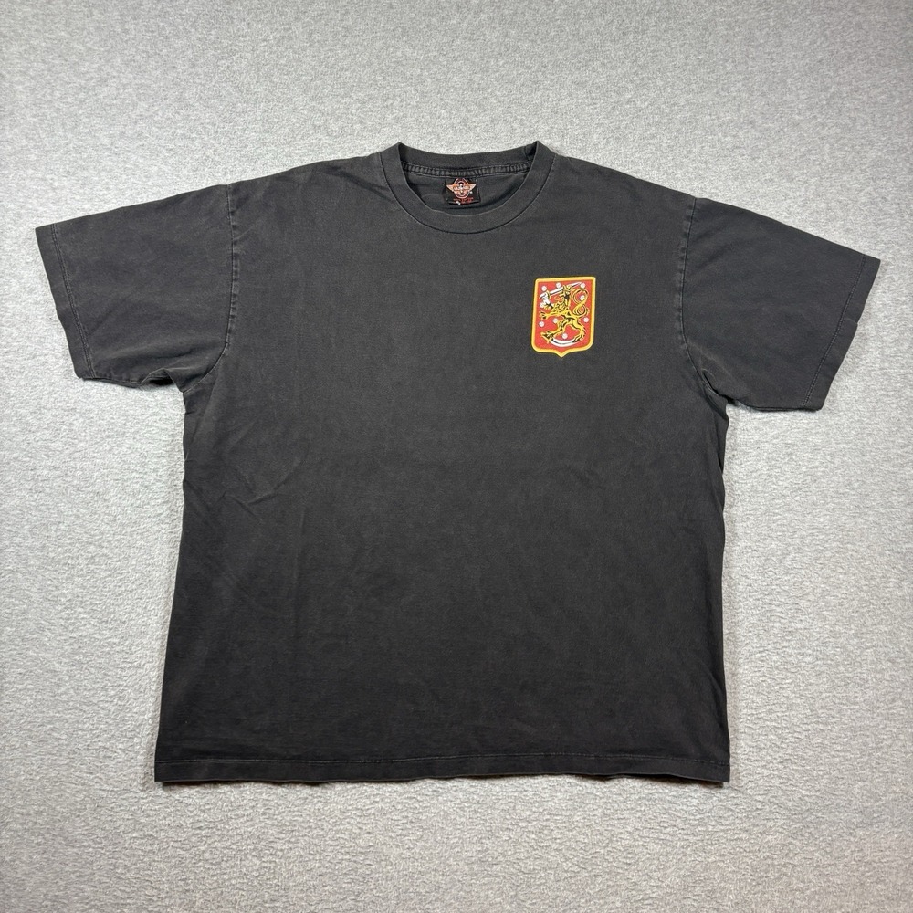 Vintage Finland Coat of Arms T Shirt Mens XL Faded Black Suomi Lion Graphic 90s